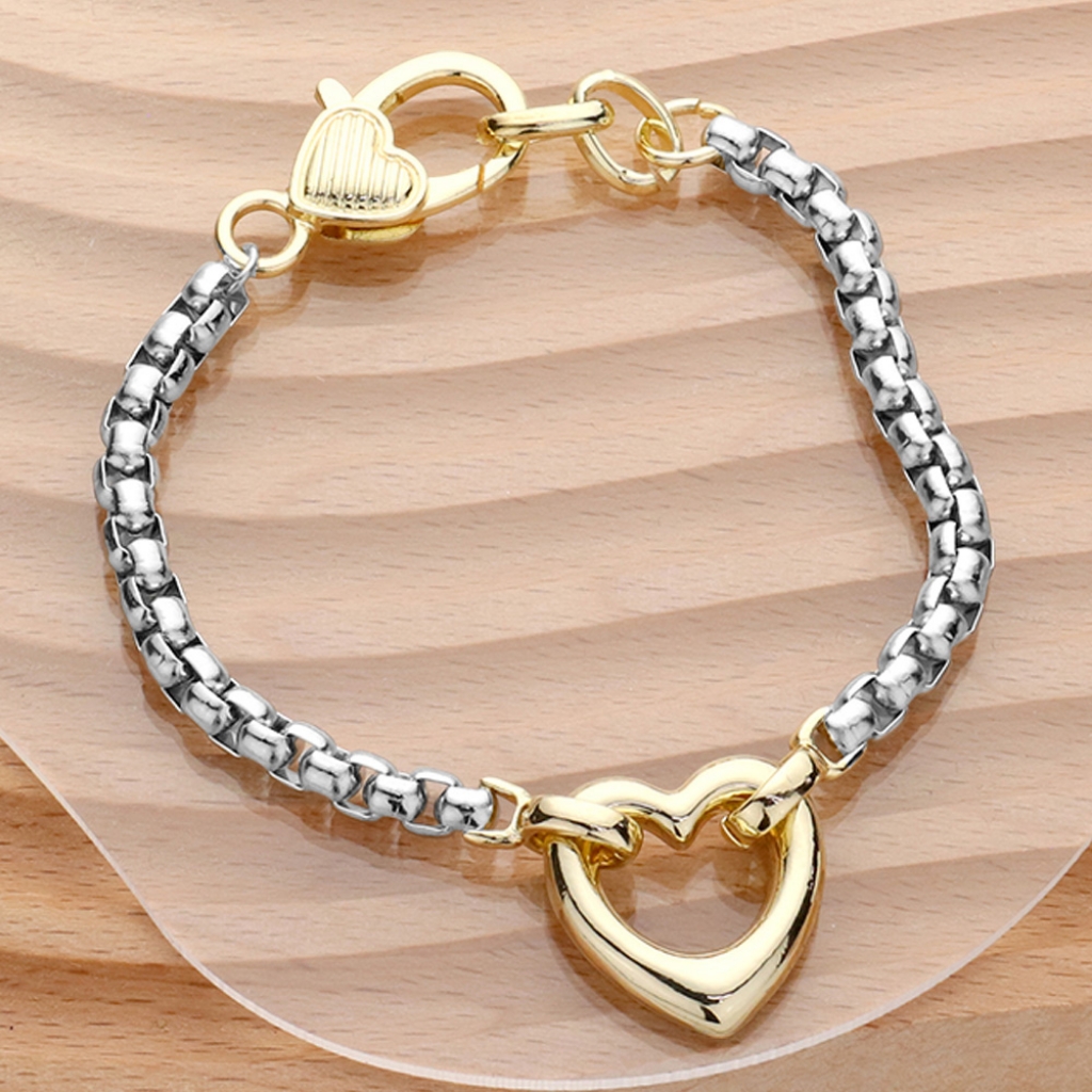 Two Tone 14k Gold Heart Charm Pendant Chain Bracelet Bangle Casual Silver